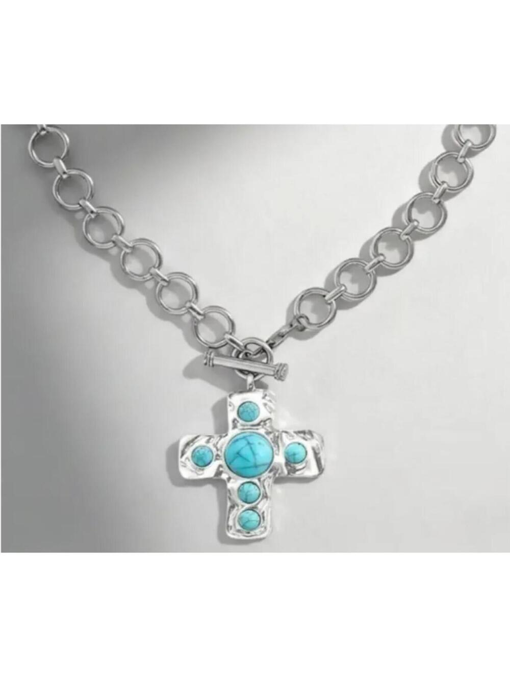 Silver Chain Necklace with Turquoise Cross Pendant